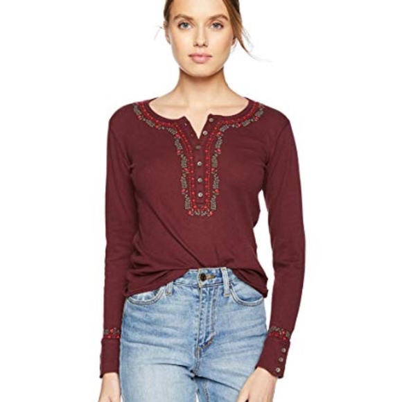 Lucky Brand Tops - Lucky Brand Maroon Thermal long sleeve embroidered